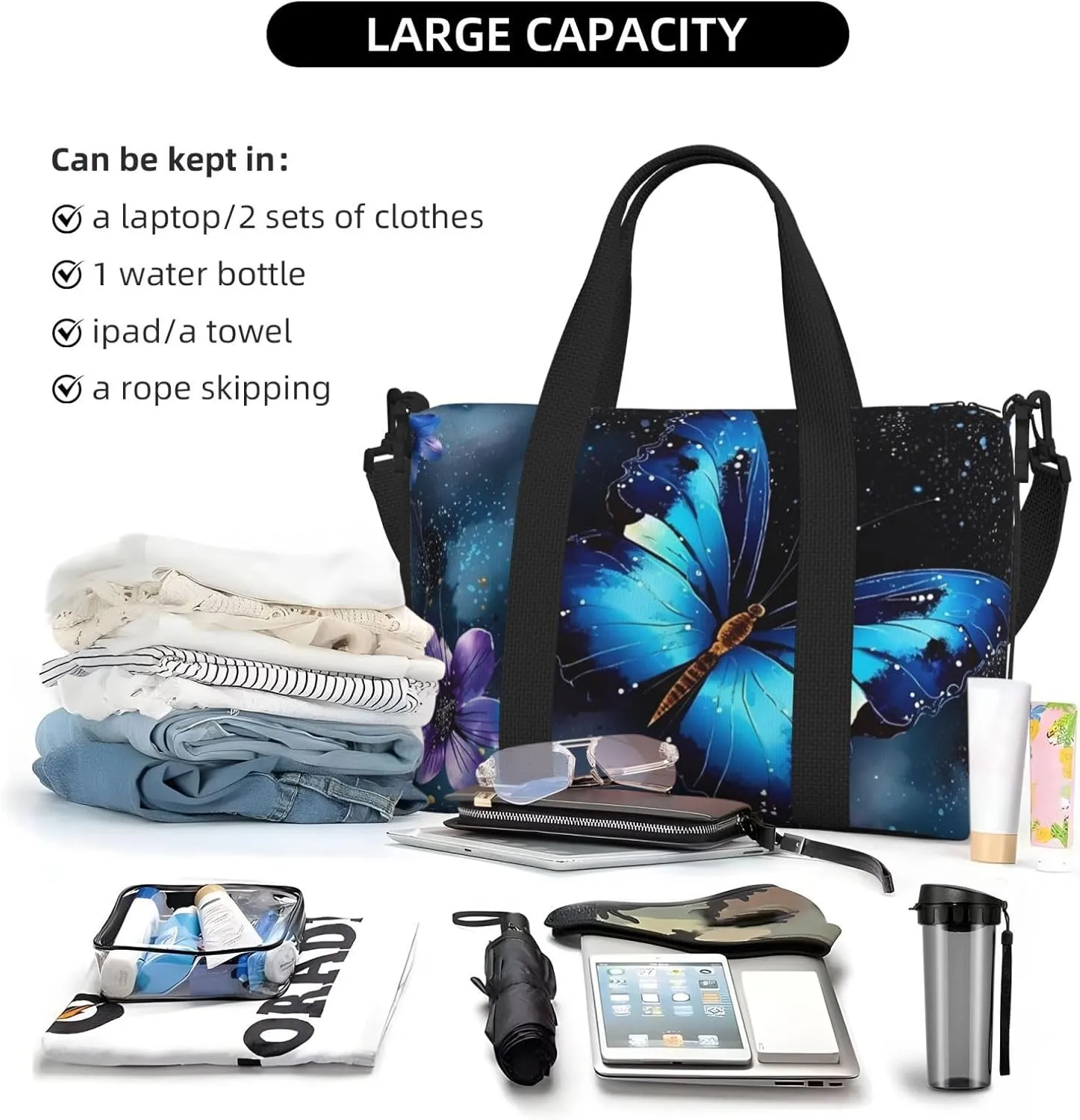 Sports Gym Bag for Women Men Travel Duffel Bag Tote Weekender Bag Carry on Overnight Bag for Travel Swimming Fitness Workout Sports Galaxy Blue Butterfly Duffle Bag