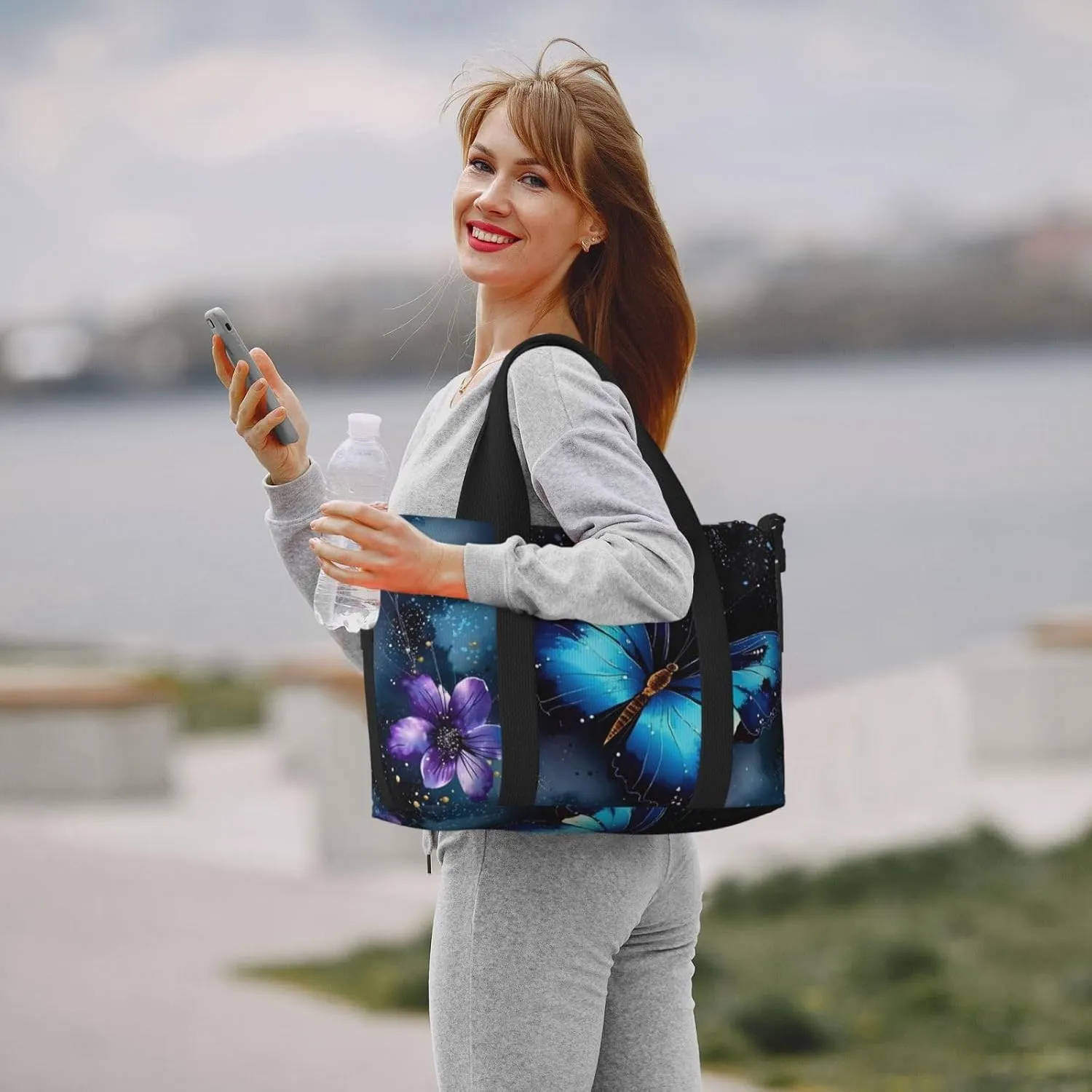 Sports Gym Bag for Women Men Travel Duffel Bag Tote Weekender Bag Carry on Overnight Bag for Travel Swimming Fitness Workout Sports Galaxy Blue Butterfly Duffle Bag