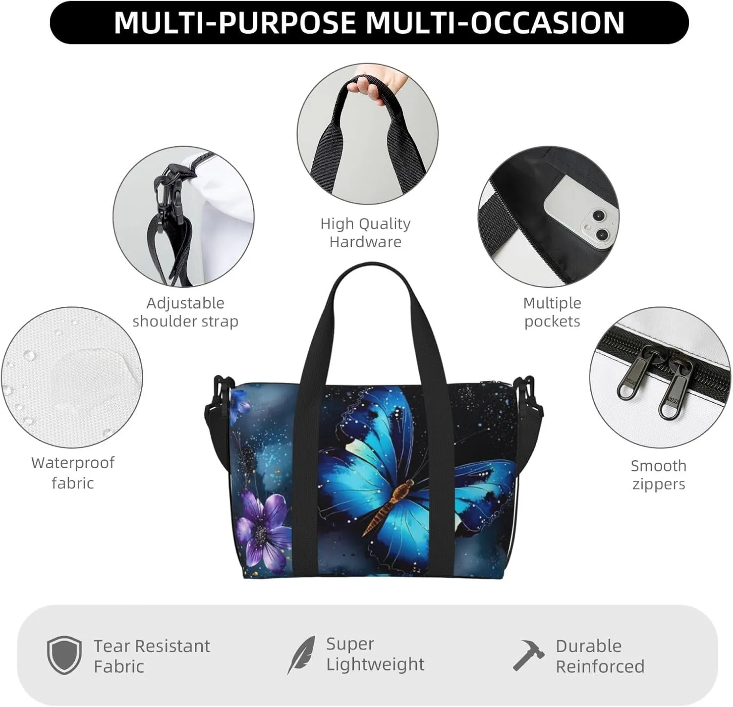 Sports Gym Bag for Women Men Travel Duffel Bag Tote Weekender Bag Carry on Overnight Bag for Travel Swimming Fitness Workout Sports Galaxy Blue Butterfly Duffle Bag