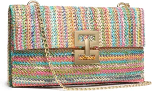 Straw Clutch Purses Women Summer Beach Handbags Rattan Fold Over Crossbody Shoulder Bag Woven Evening Bag Chain