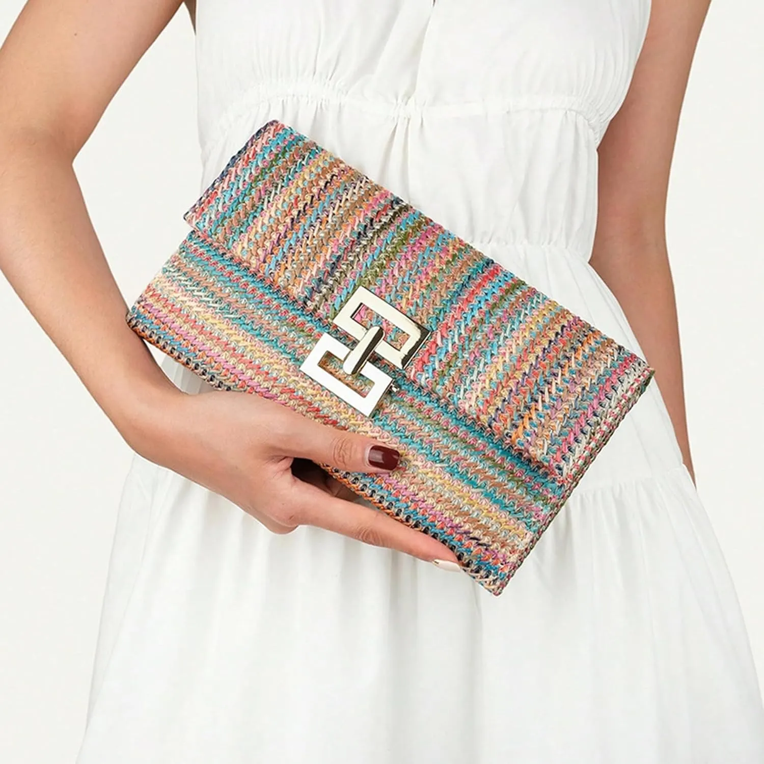 Straw Clutch Purses Women Summer Beach Handbags Rattan Fold Over Crossbody Shoulder Bag Woven Evening Bag Chain