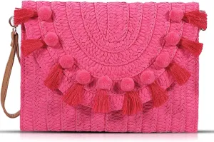 Straw Crossbody Bag for Women, Pink Clutch Purses, Bohemian Handmade Woven Handbags, Tassels Summer Beach Bag, Envelope Wallet (Hot Pink)