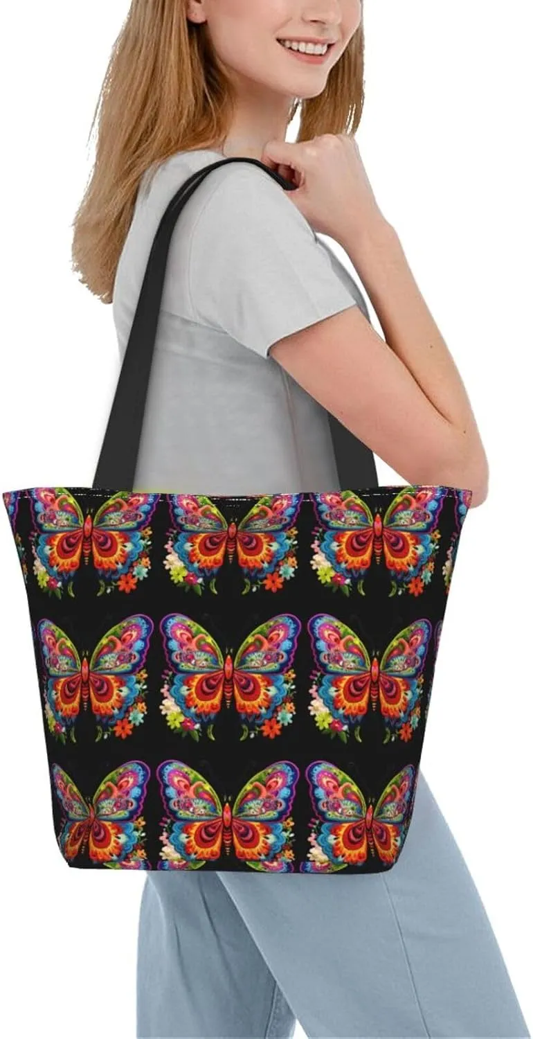 Stylish And Durable Embroidery Colorful Butterfly Shoulder Bag - Full Print, Large Capacity