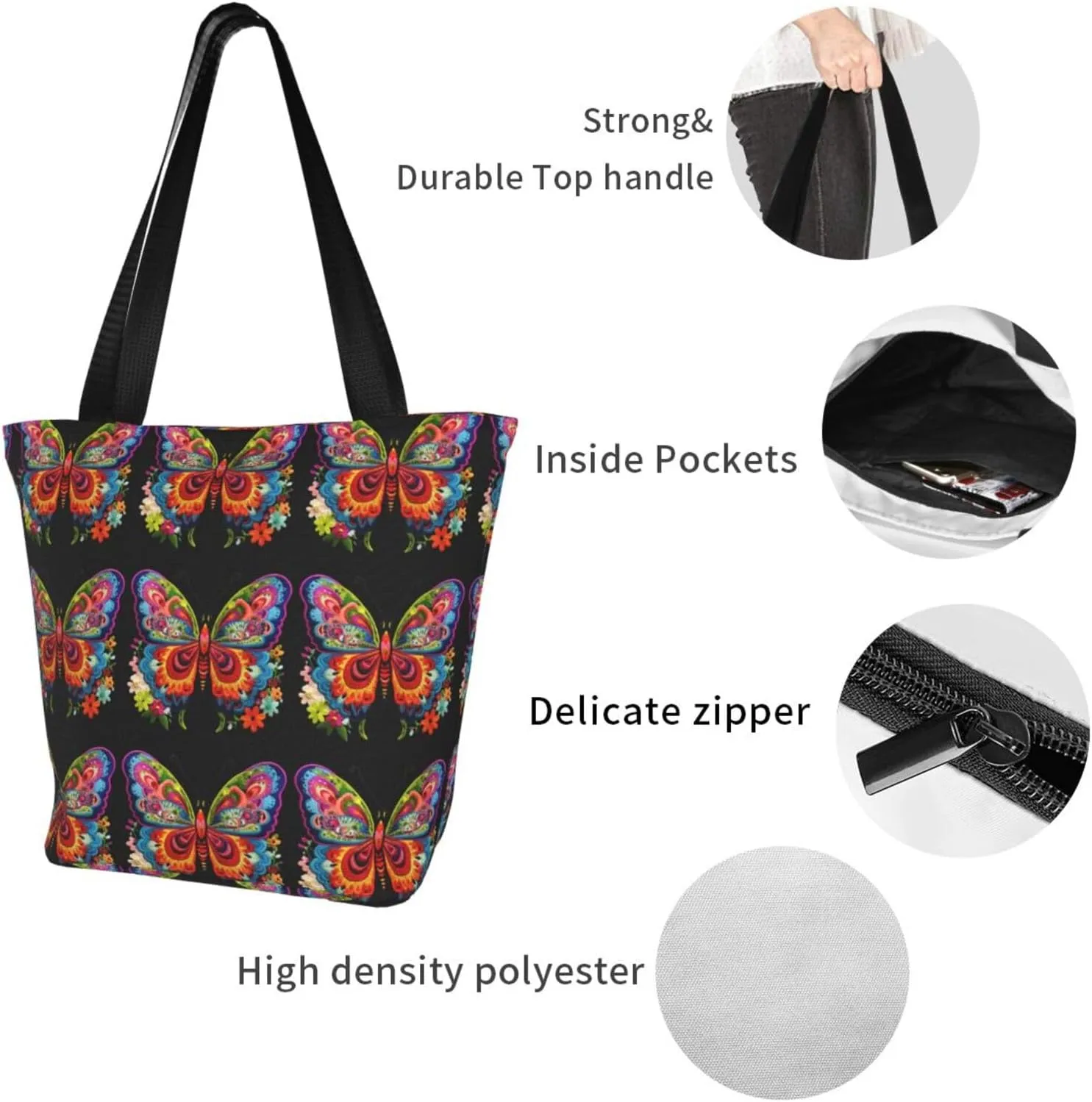 Stylish And Durable Embroidery Colorful Butterfly Shoulder Bag - Full Print, Large Capacity