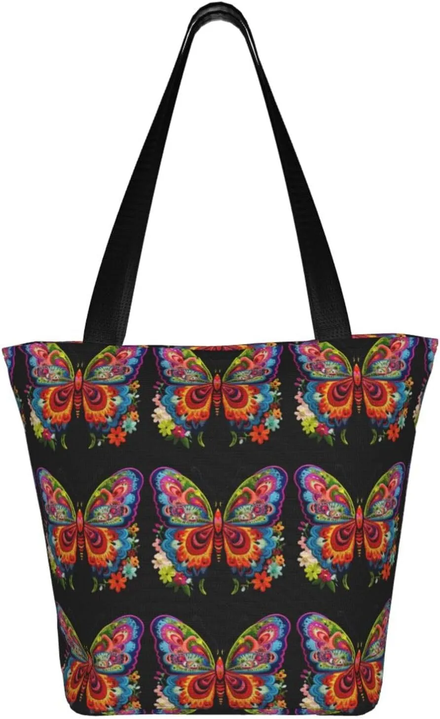 Stylish And Durable Embroidery Colorful Butterfly Shoulder Bag - Full Print, Large Capacity