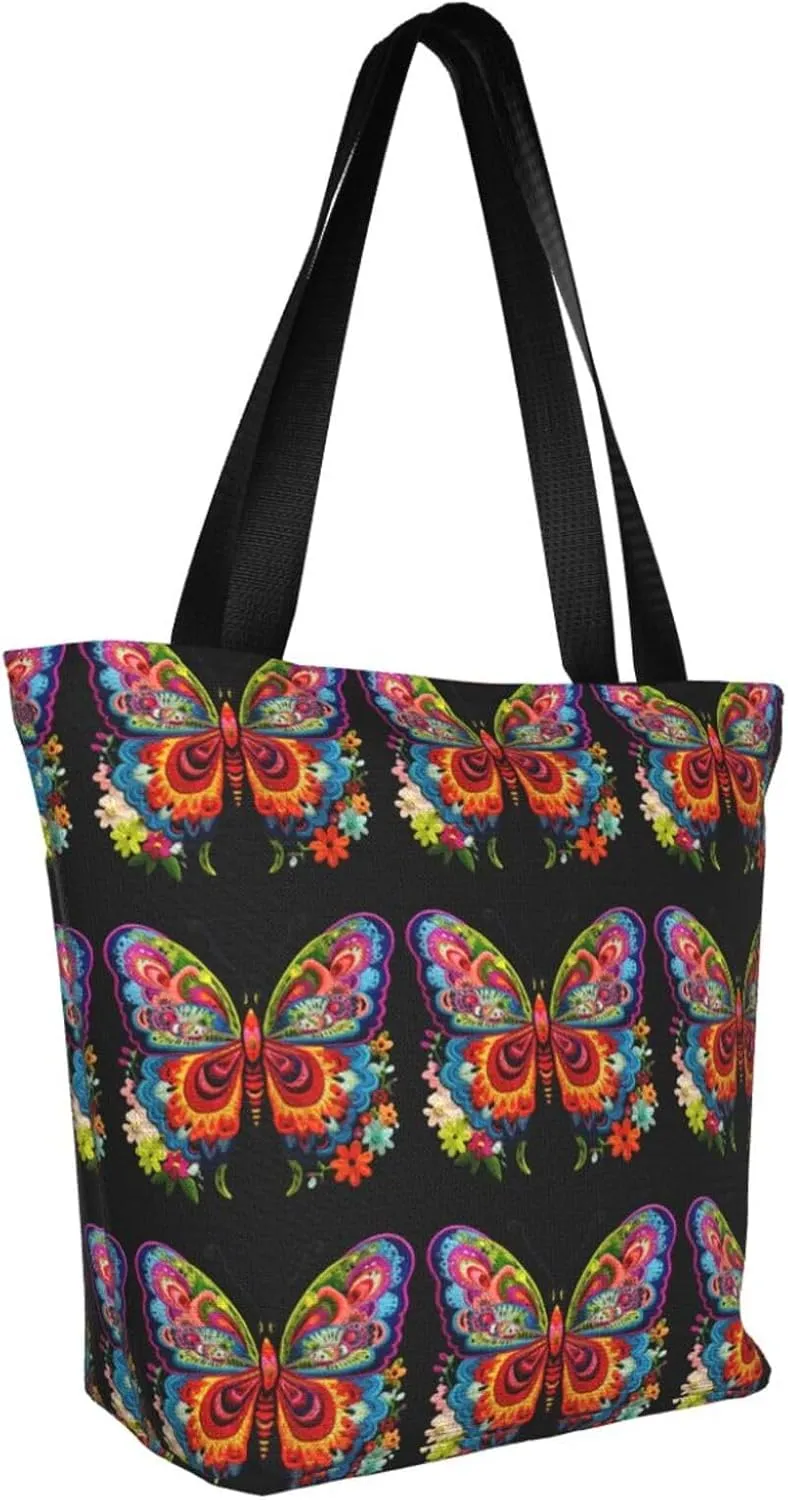 Stylish And Durable Embroidery Colorful Butterfly Shoulder Bag - Full Print, Large Capacity