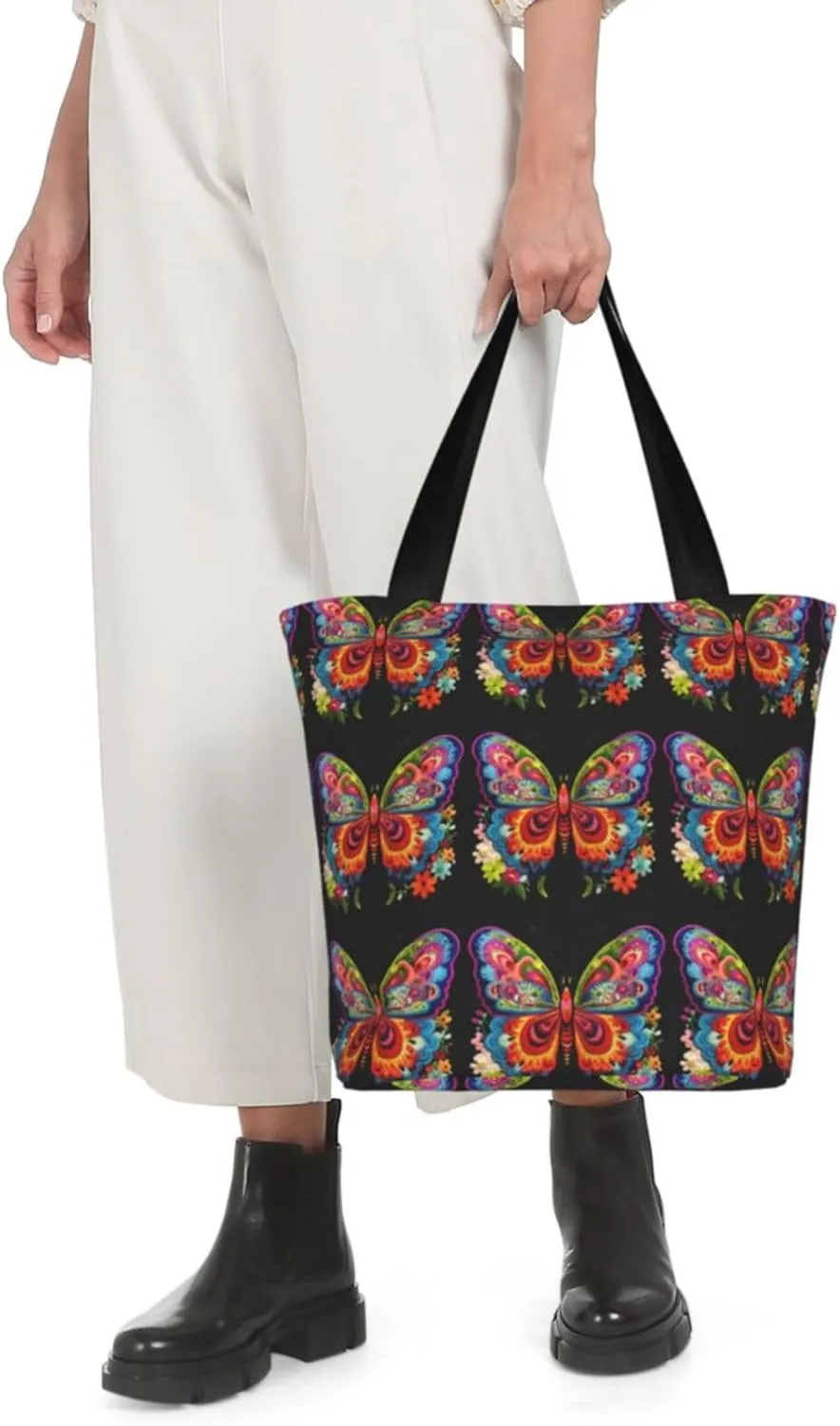 Stylish And Durable Embroidery Colorful Butterfly Shoulder Bag - Full Print, Large Capacity