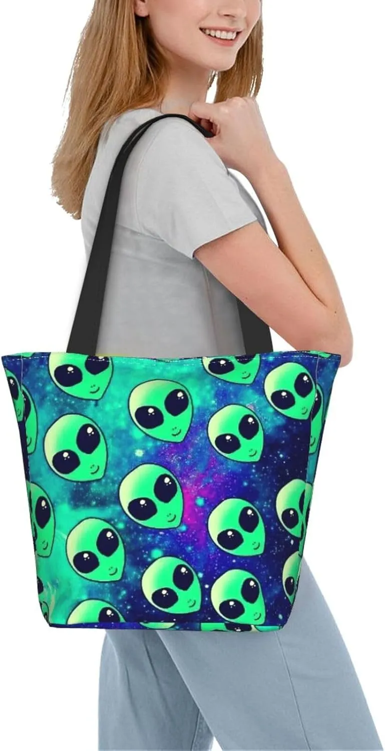 Stylish And Durable Green Aliens Shoulder Bag - Full Print, Large Capacity