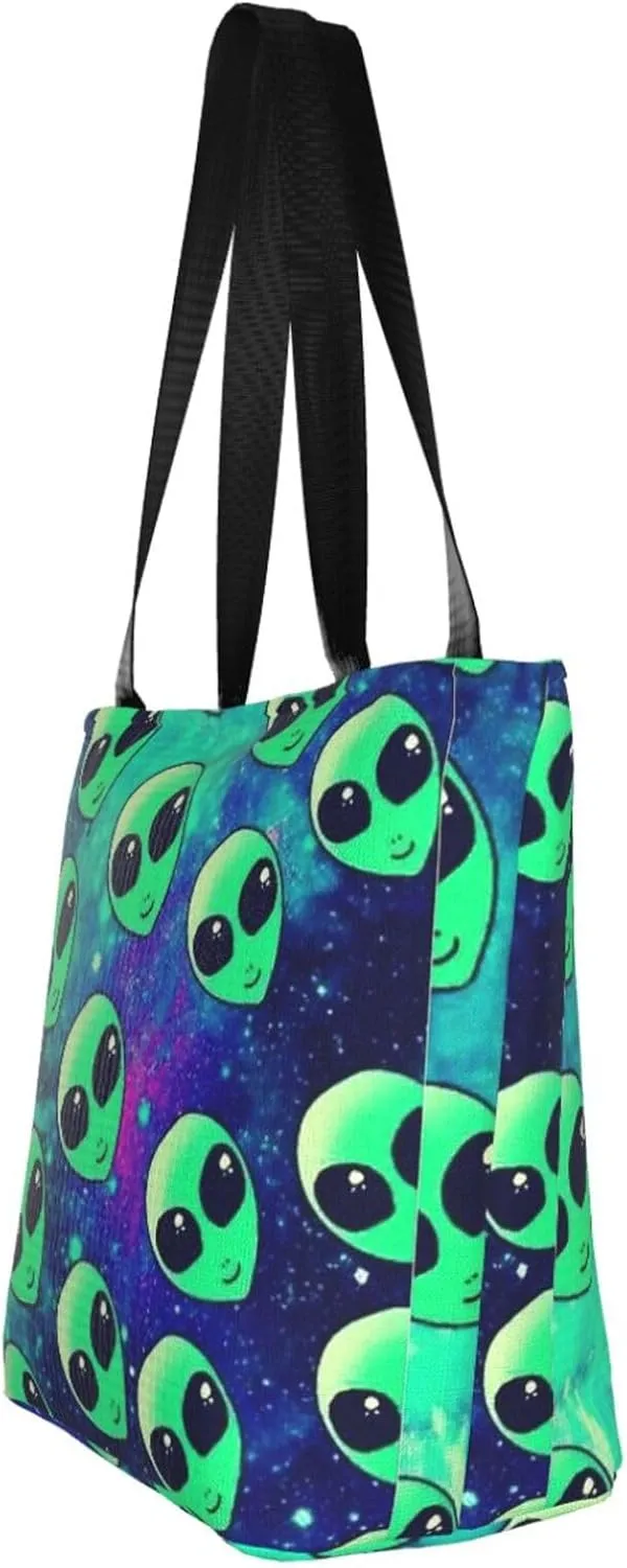 Stylish And Durable Green Aliens Shoulder Bag - Full Print, Large Capacity