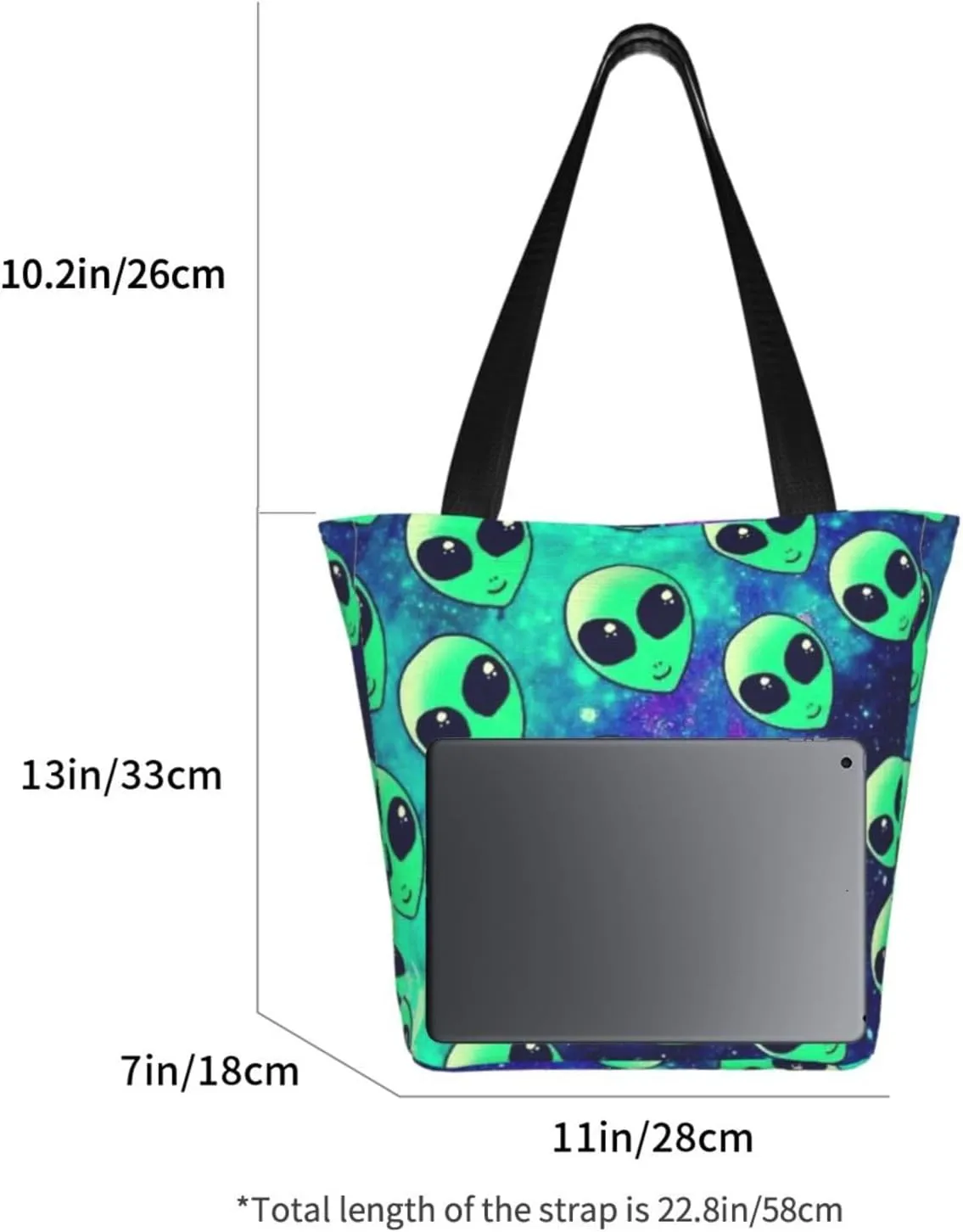 Stylish And Durable Green Aliens Shoulder Bag - Full Print, Large Capacity