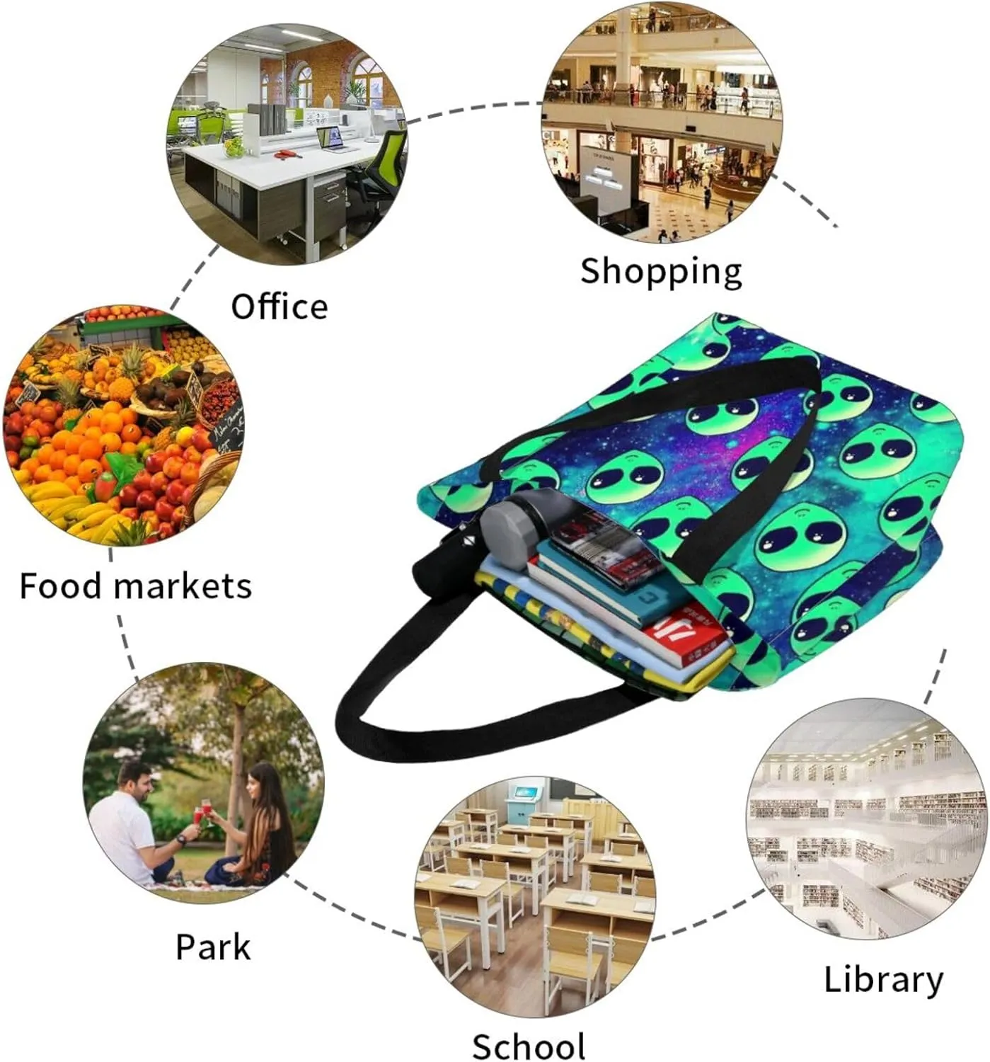 Stylish And Durable Green Aliens Shoulder Bag - Full Print, Large Capacity