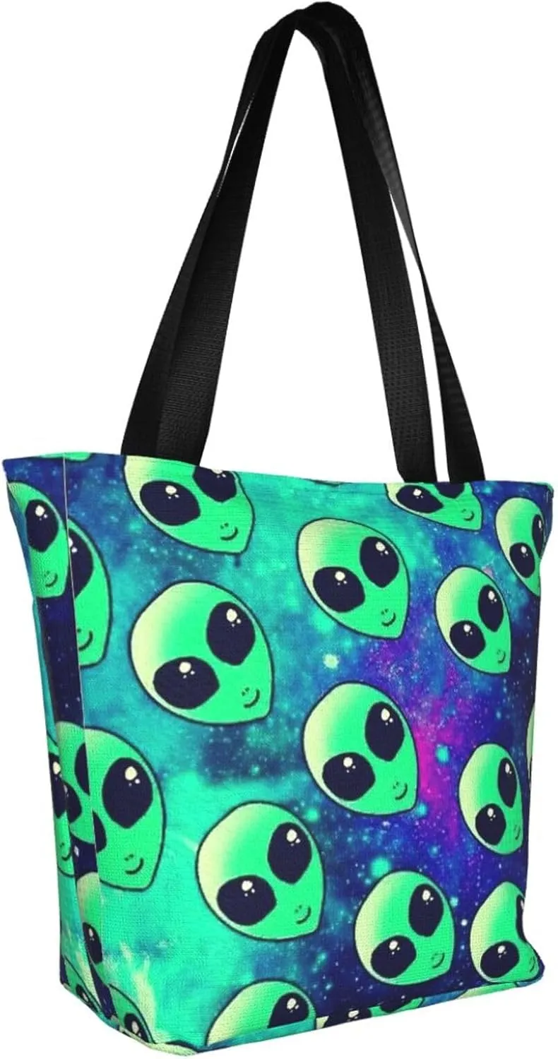Stylish And Durable Green Aliens Shoulder Bag - Full Print, Large Capacity