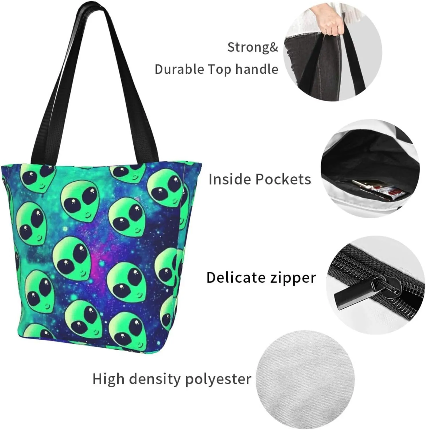 Stylish And Durable Green Aliens Shoulder Bag - Full Print, Large Capacity