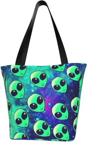 Stylish And Durable Green Aliens Shoulder Bag - Full Print, Large Capacity