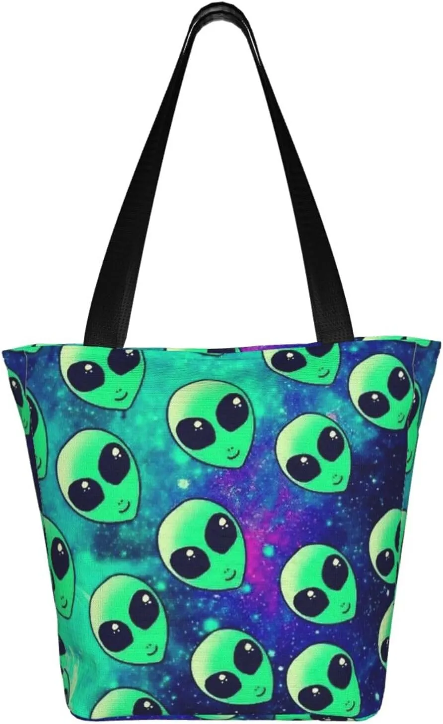 Stylish And Durable Green Aliens Shoulder Bag - Full Print, Large Capacity