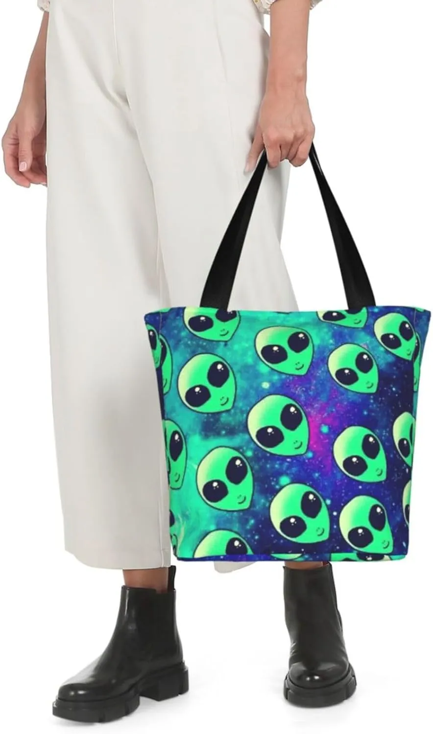 Stylish And Durable Green Aliens Shoulder Bag - Full Print, Large Capacity