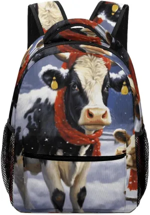 Stylish Backpack, Christmas Snow Cow Print Durable Backpack Travel Backpack Hiking Backpack Ergonomic Backpack Comfortable Backpack
