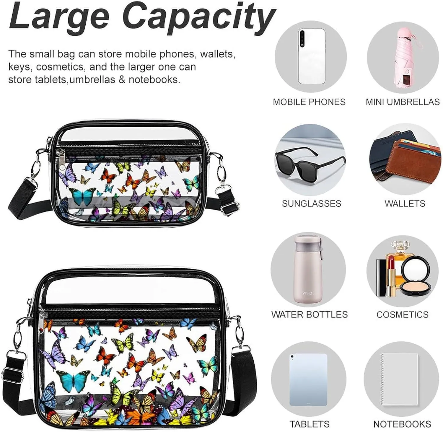 Stylish Butterfly Clear Crossbody Bag - PVC Butterflies Transparent Messenger Bag for Work, Travel and Daily Use