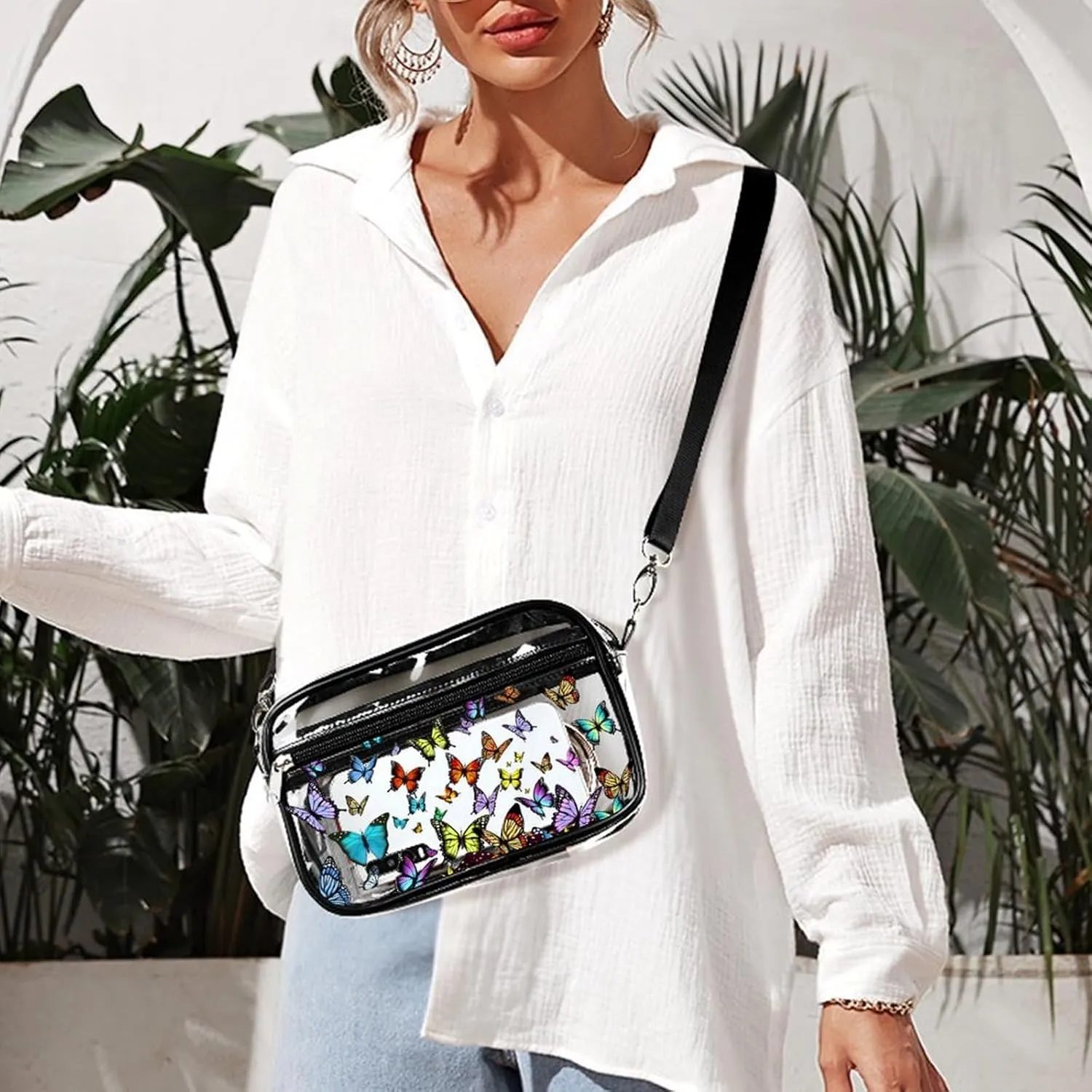 Stylish Butterfly Clear Crossbody Bag - PVC Butterflies Transparent Messenger Bag for Work, Travel and Daily Use
