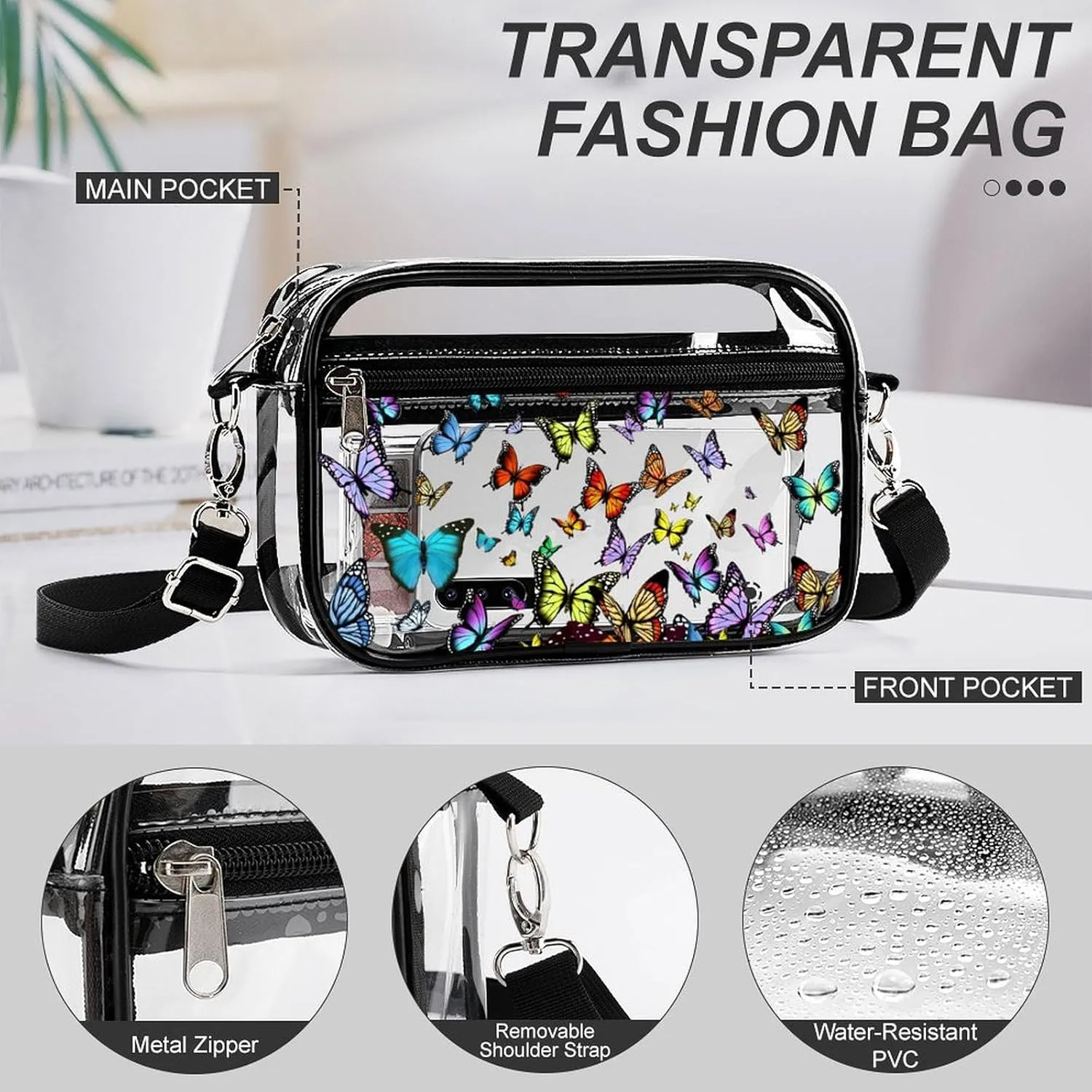 Stylish Butterfly Clear Crossbody Bag - PVC Butterflies Transparent Messenger Bag for Work, Travel and Daily Use