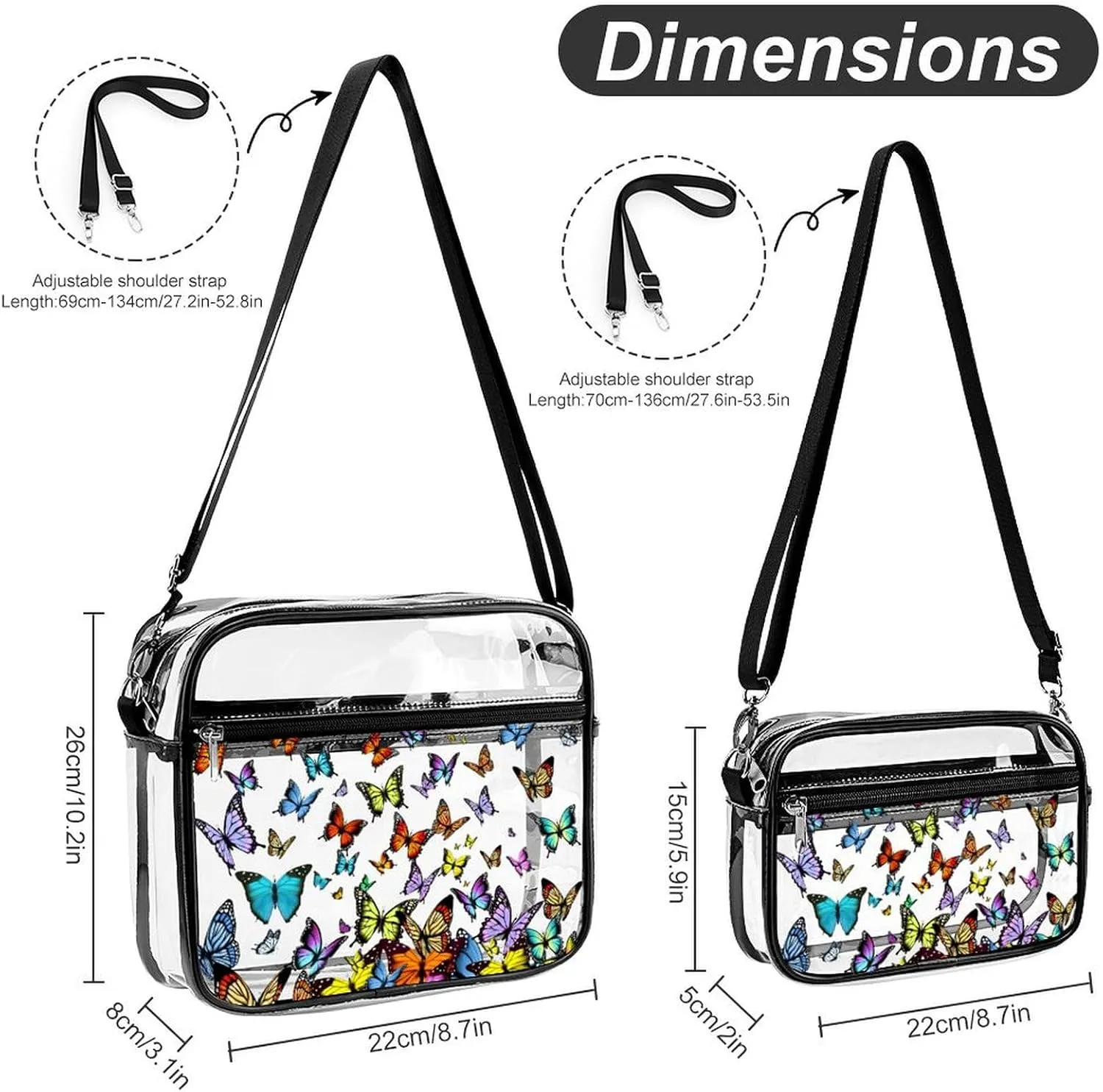 Stylish Butterfly Clear Crossbody Bag - PVC Butterflies Transparent Messenger Bag for Work, Travel and Daily Use