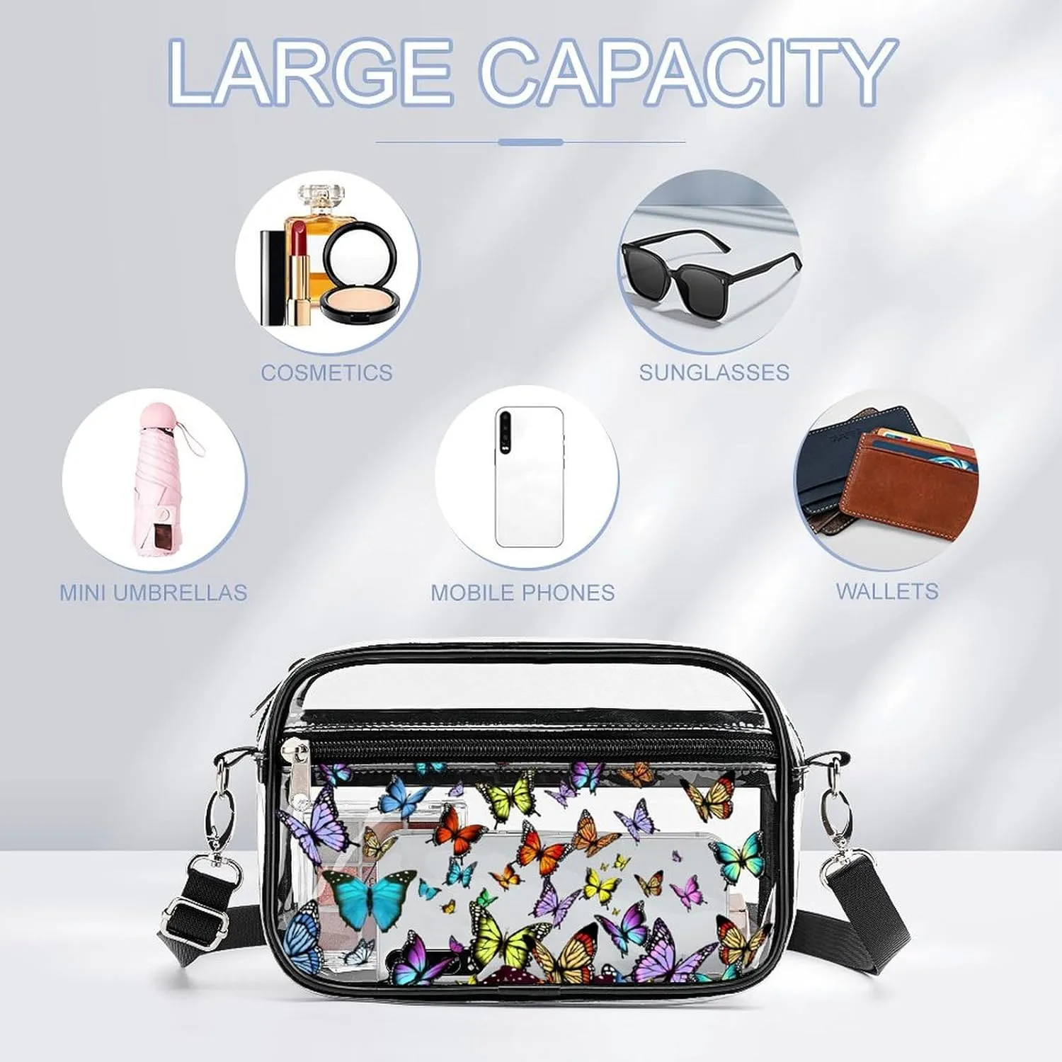 Stylish Butterfly Clear Crossbody Bag - PVC Butterflies Transparent Messenger Bag for Work, Travel and Daily Use