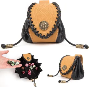 Suede Cowhide Leather & soft leather Vintage Medieval Dice Pouch, Handcrafted Fully, Belt Pouch, Portable Coin Purse for Ren Faire Costumes（Light Brown, Small, Hold 20 Dices）