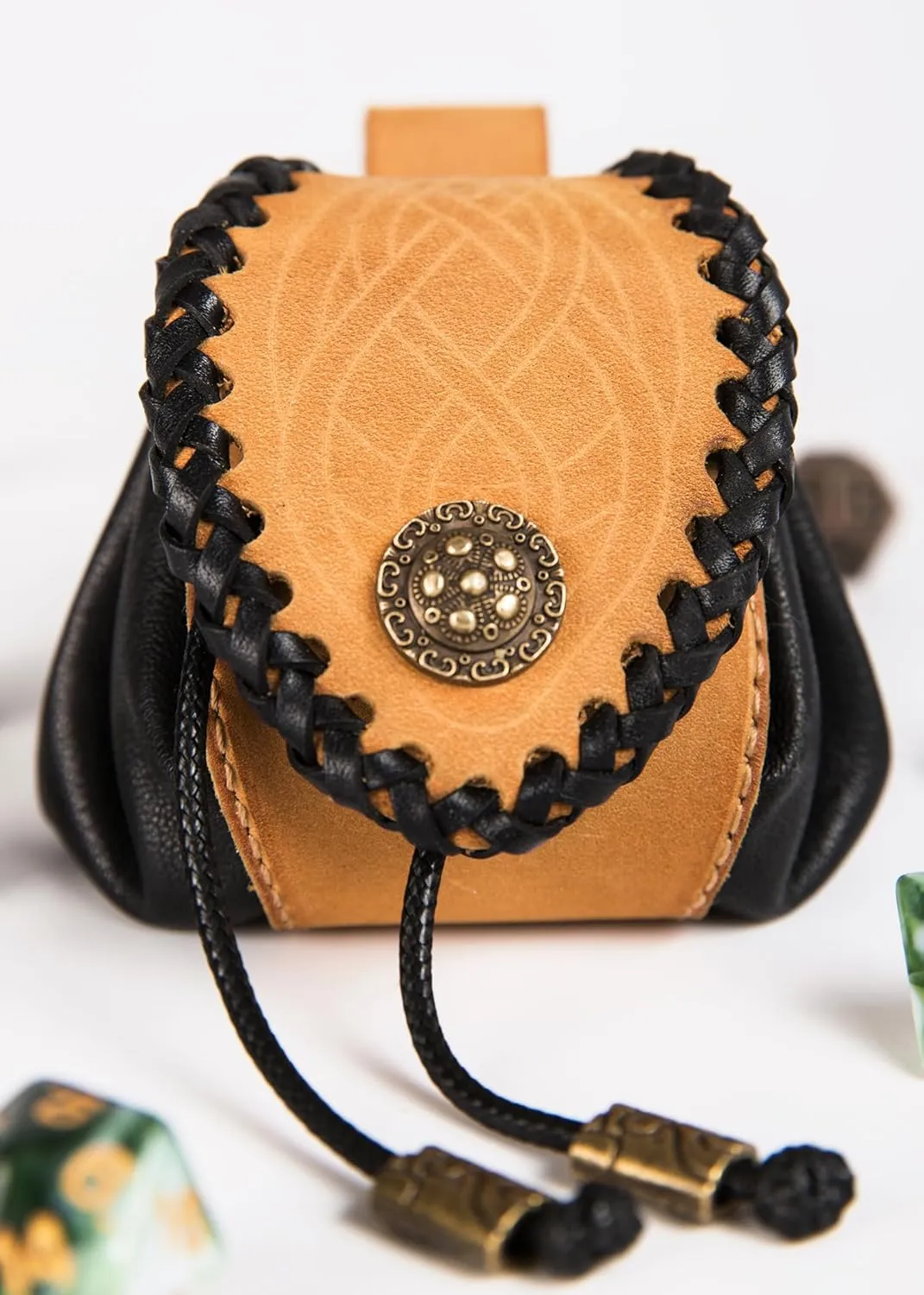 Suede Cowhide Leather & soft leather Vintage Medieval Dice Pouch, Handcrafted Fully, Belt Pouch, Portable Coin Purse for Ren Faire Costumes（Light Brown, Small, Hold 20 Dices）