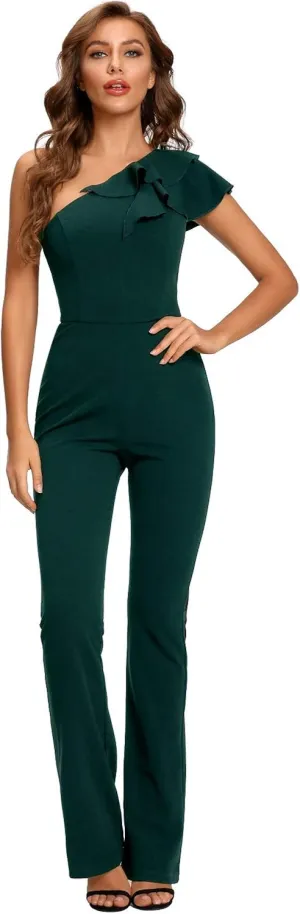 SUGAR POISON Women's Elegant Casual Sleeveless Ruffle One Shoulder High Waist Long Jumpsuit