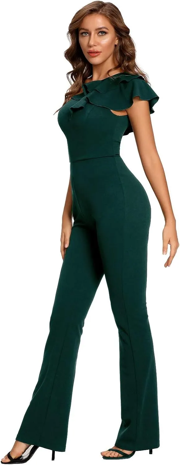 SUGAR POISON Women's Elegant Casual Sleeveless Ruffle One Shoulder High Waist Long Jumpsuit