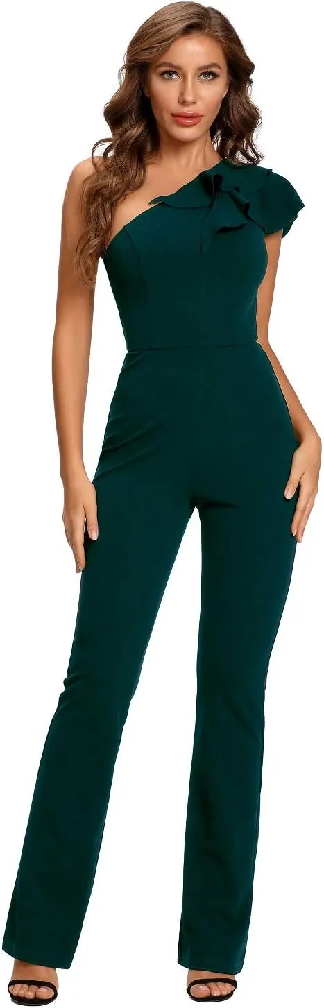 SUGAR POISON Women's Elegant Casual Sleeveless Ruffle One Shoulder High Waist Long Jumpsuit