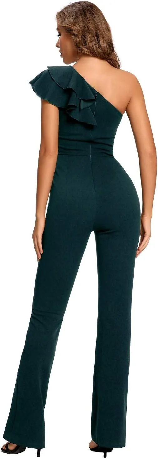 SUGAR POISON Women's Elegant Casual Sleeveless Ruffle One Shoulder High Waist Long Jumpsuit