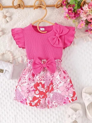Summer Girls Sweet Butterfly Sleeve Top Printed Floral Shorts