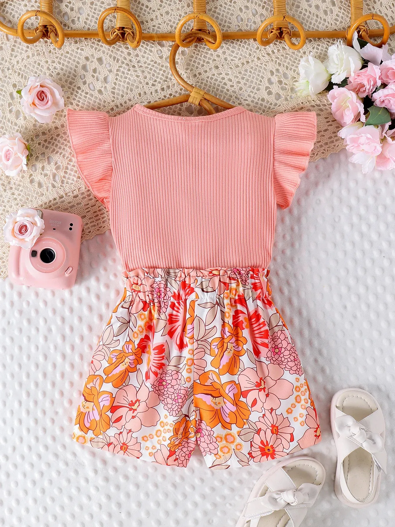 Summer Girls Sweet Butterfly Sleeve Top Printed Floral Shorts