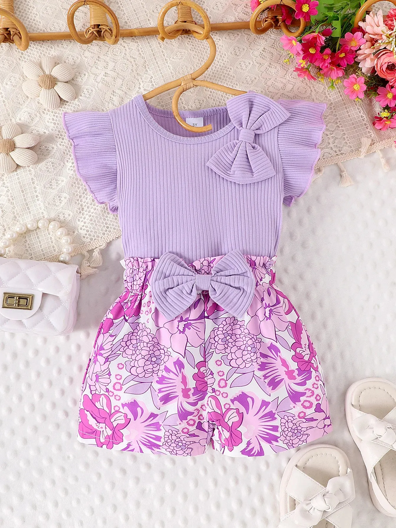 Summer Girls Sweet Butterfly Sleeve Top Printed Floral Shorts