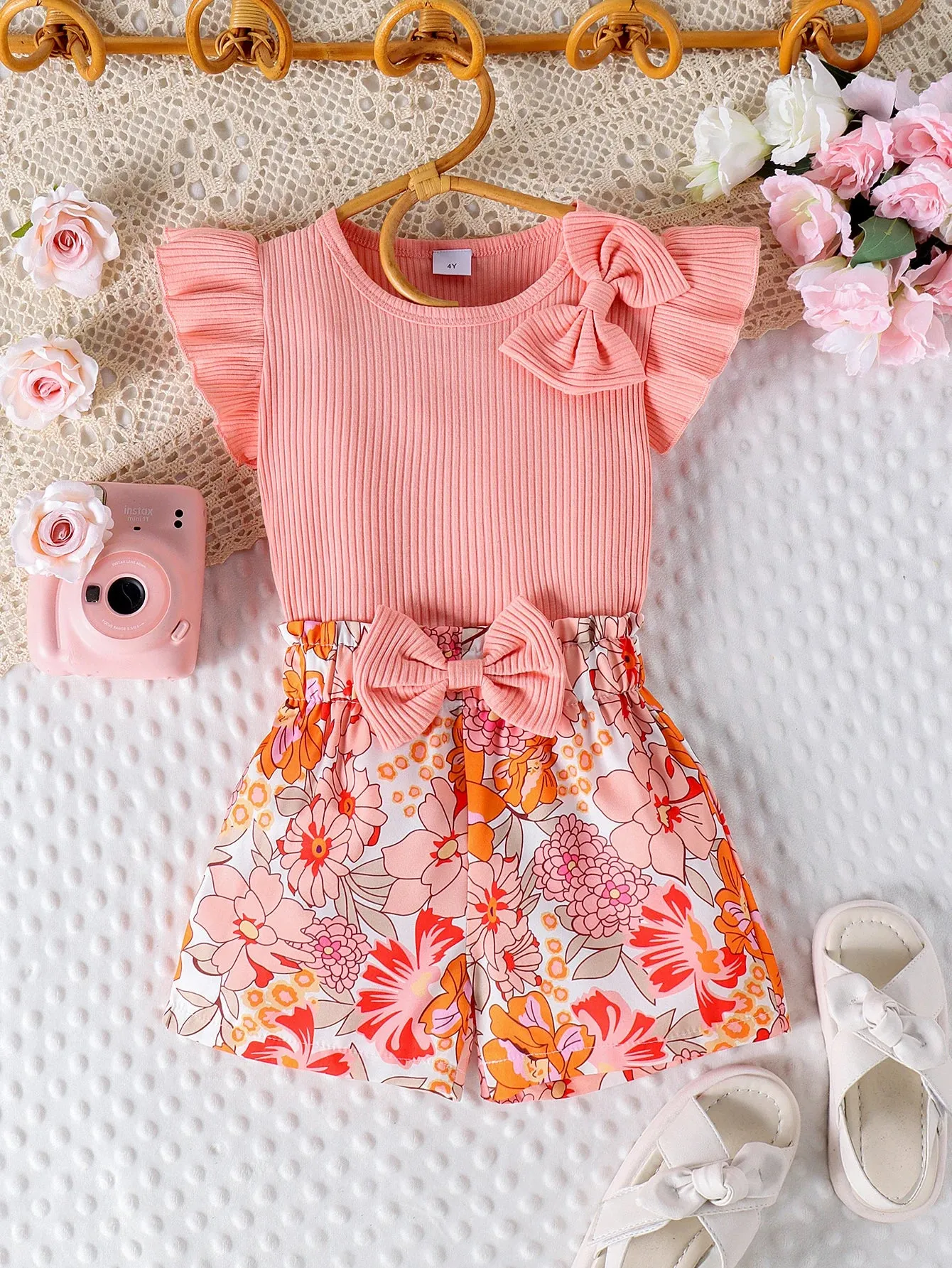 Summer Girls Sweet Butterfly Sleeve Top Printed Floral Shorts
