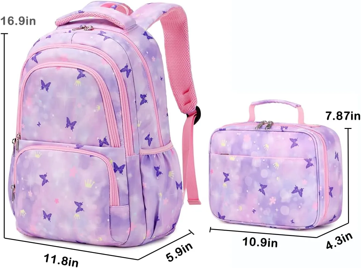 Sunborls Backpack for Girls Kids School Bookbag with a Cute Butterfly Appearance - Lightweight and High-Capacity Backpack Set,Purple