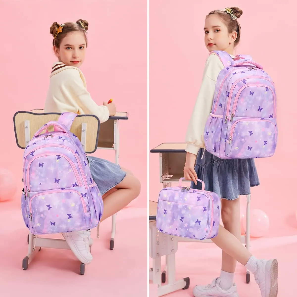 Sunborls Backpack for Girls Kids School Bookbag with a Cute Butterfly Appearance - Lightweight and High-Capacity Backpack Set,Purple