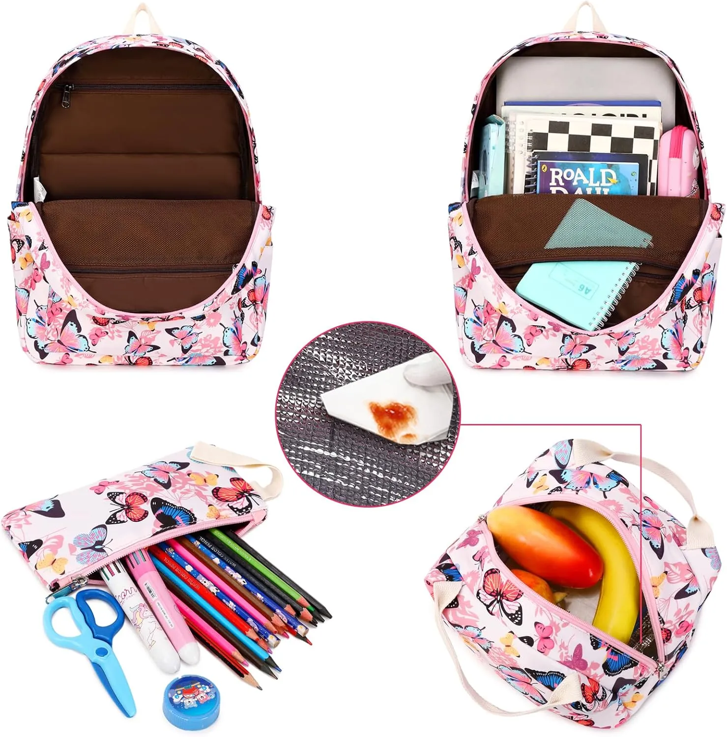 Sunborls Teens Girls Cute Backpack 3 in 1 with Lunch Bag Pencil Bag Set Females Daily Leisure Travel Laptop Backpack He is Also Back To School Student Bookbags (Butterfly Pattern Pink
