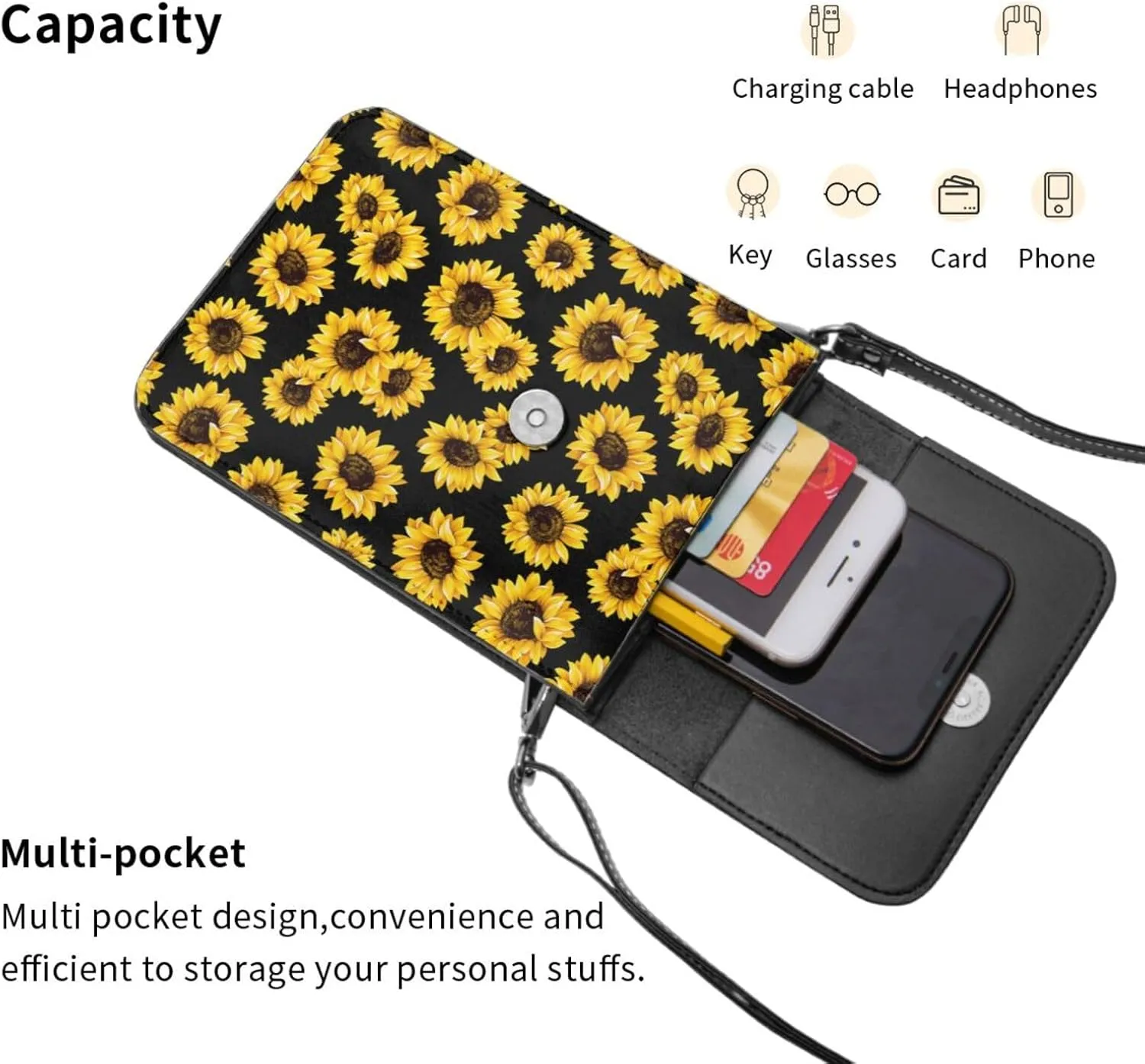 Sunflower Leather Crossbody Cell Phone Purse Small Wallet Bags Adjustable Phone Bag for Women