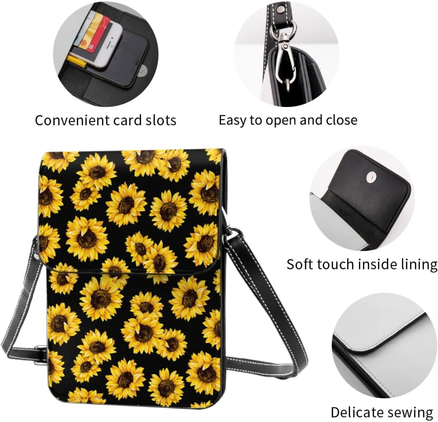 Sunflower Leather Crossbody Cell Phone Purse Small Wallet Bags Adjustable Phone Bag for Women