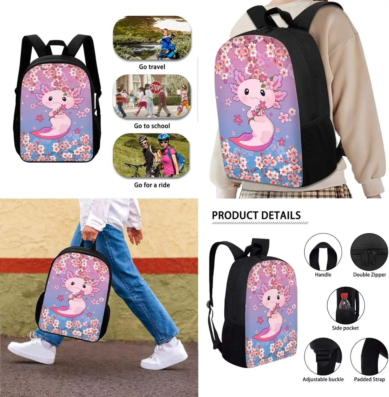 Suobstales Axolotl Cherry Blossom Print Backpack for Boys Girls, Preschool Elementary School Bag 3Pcs Backpack Set with Lunch Box Pencil Case, Lightweight Shoulder Bag Casual Daypack for Kids