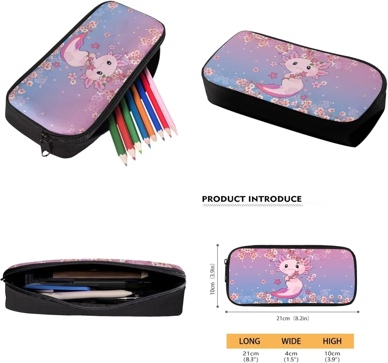 Suobstales Axolotl Cherry Blossom Print Backpack for Boys Girls, Preschool Elementary School Bag 3Pcs Backpack Set with Lunch Box Pencil Case, Lightweight Shoulder Bag Casual Daypack for Kids
