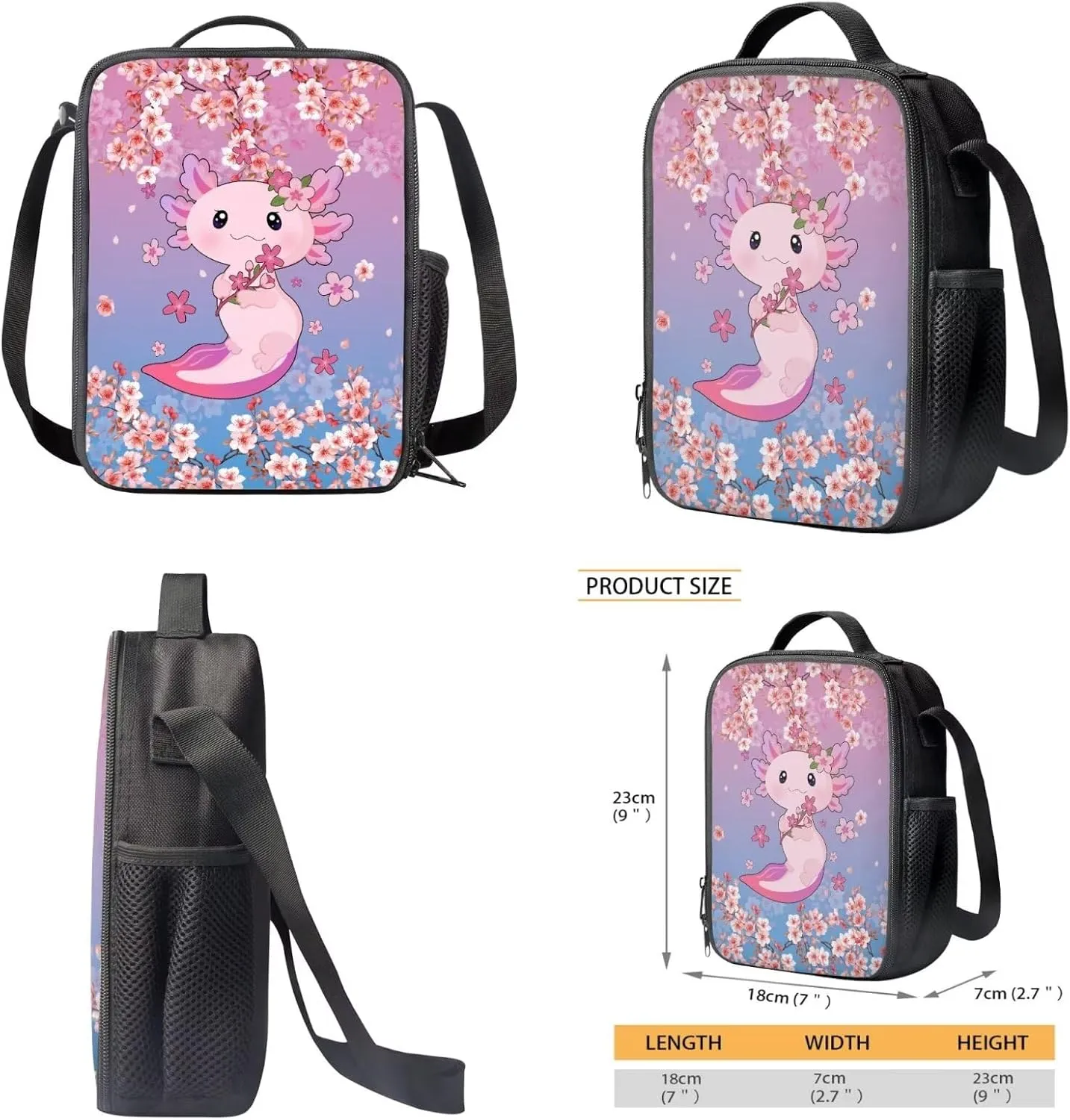 Suobstales Axolotl Cherry Blossom Print Backpack for Boys Girls, Preschool Elementary School Bag 3Pcs Backpack Set with Lunch Box Pencil Case, Lightweight Shoulder Bag Casual Daypack for Kids