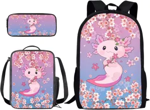 Suobstales Axolotl Cherry Blossom Print Backpack for Boys Girls, Preschool Elementary School Bag 3Pcs Backpack Set with Lunch Box Pencil Case, Lightweight Shoulder Bag Casual Daypack for Kids