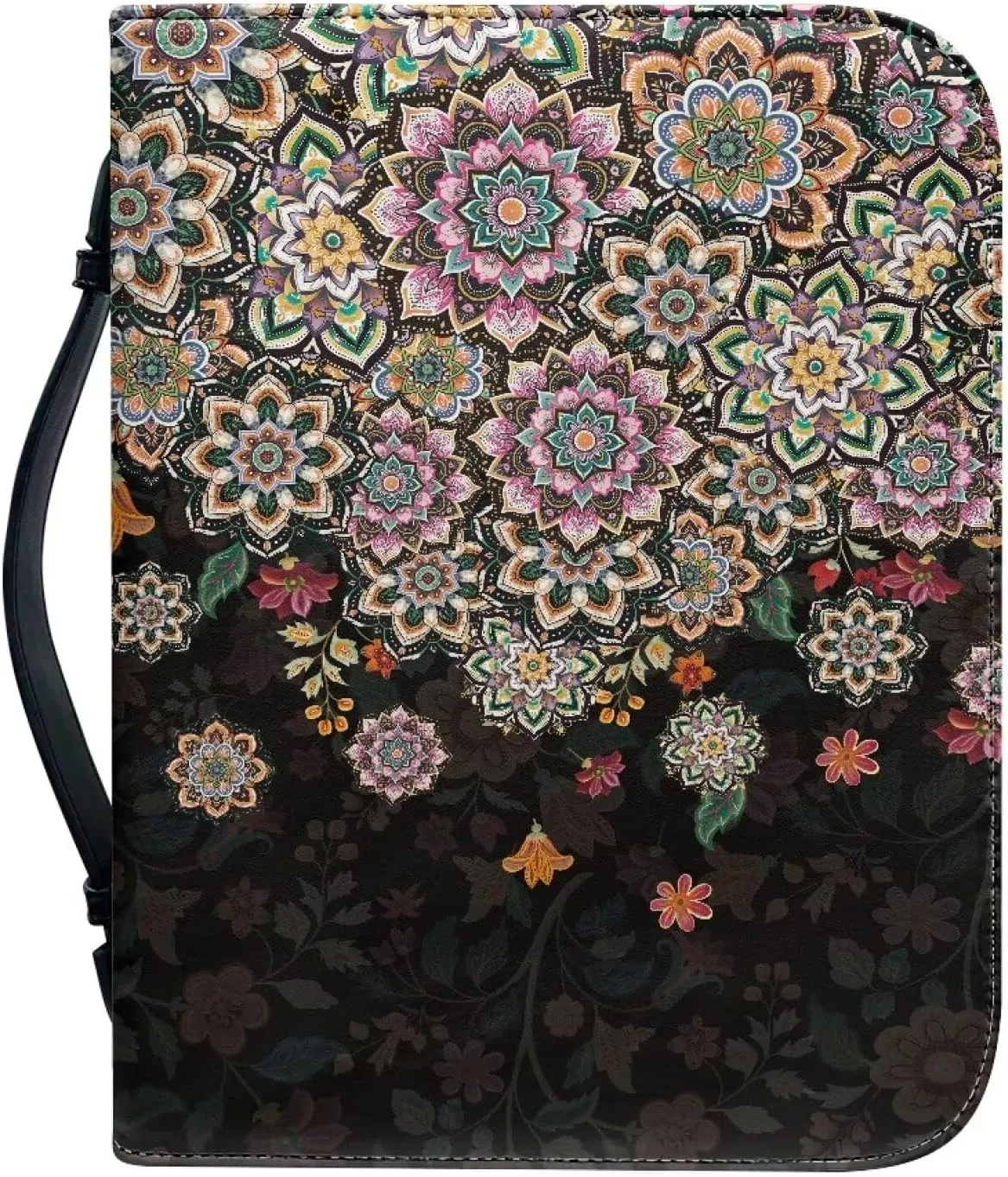 Suobstales Boho Mandala Flower Print Bible Cover for Women Men PU Leather Makeup Organizer Expand Brief Case Journal Case Christian Purses Handbags with Handle and Zippered, 2XL