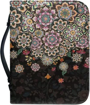 Suobstales Boho Mandala Flower Print Bible Cover for Women Men PU Leather Makeup Organizer Expand Brief Case Journal Case Christian Purses Handbags with Handle and Zippered, 2XL