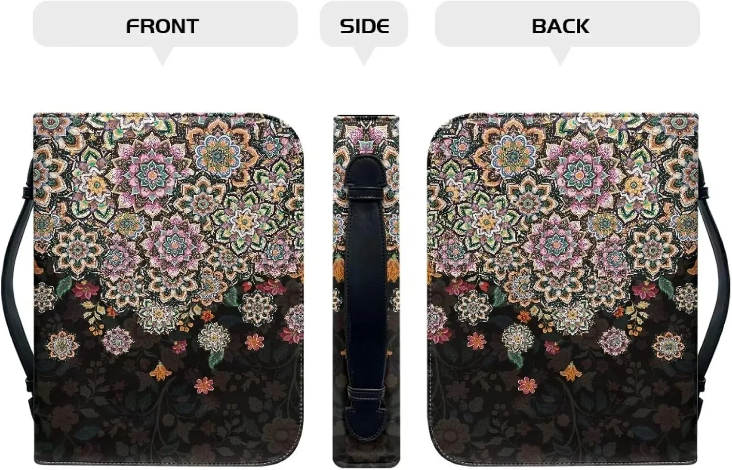 Suobstales Boho Mandala Flower Print Bible Cover for Women Men PU Leather Makeup Organizer Expand Brief Case Journal Case Christian Purses Handbags with Handle and Zippered, 2XL