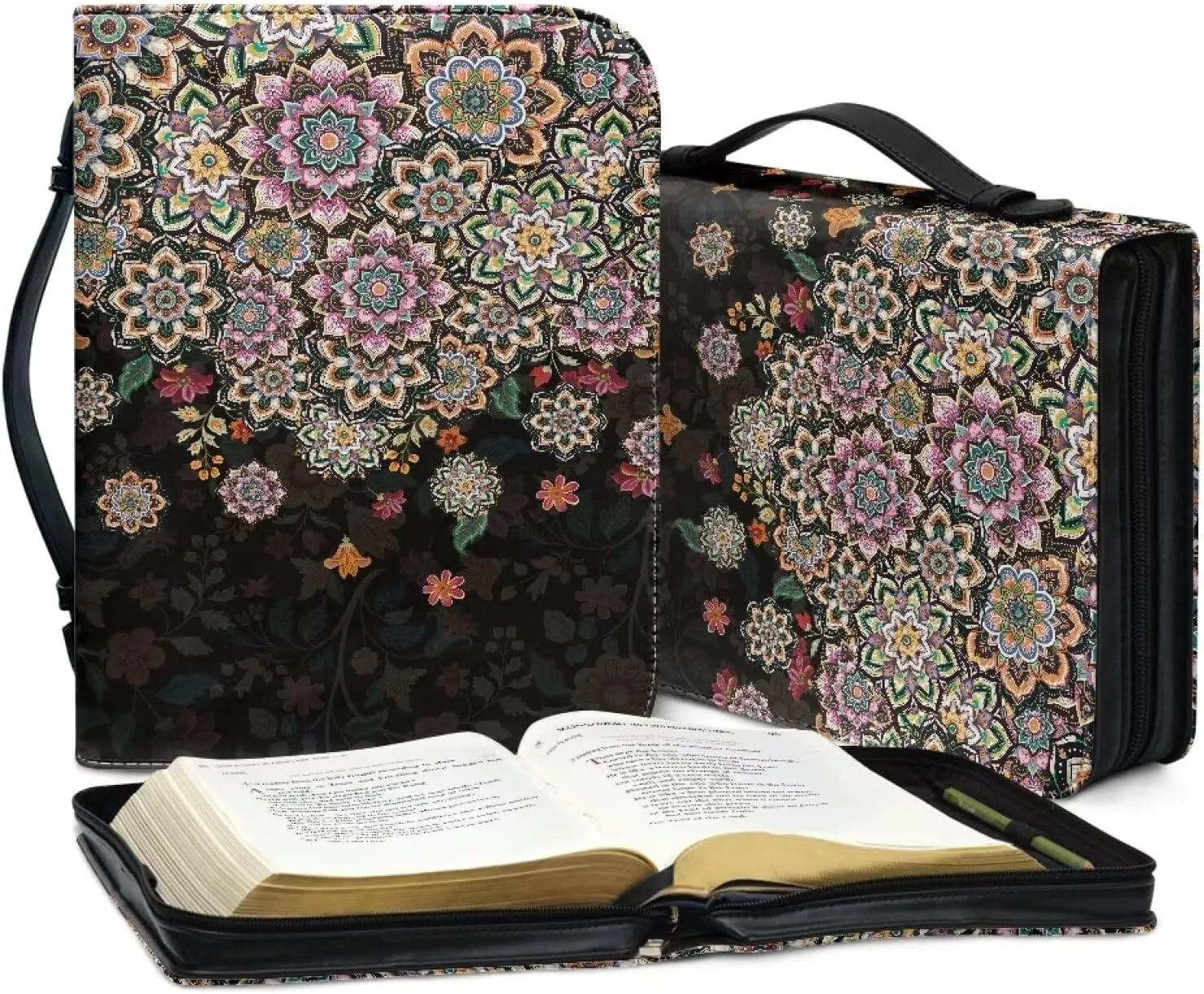 Suobstales Boho Mandala Flower Print Bible Cover for Women Men PU Leather Makeup Organizer Expand Brief Case Journal Case Christian Purses Handbags with Handle and Zippered, 2XL