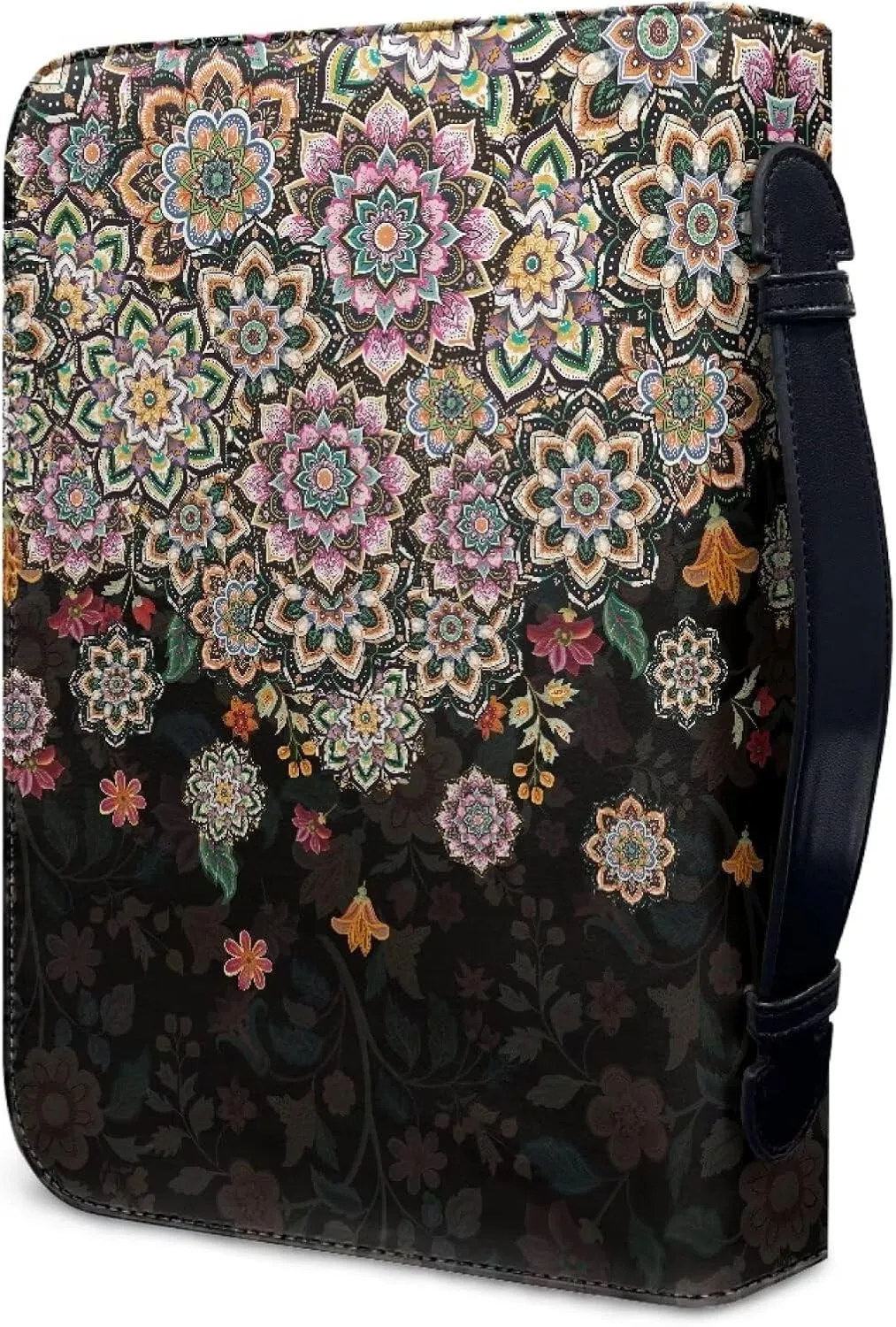 Suobstales Boho Mandala Flower Print Bible Cover for Women Men PU Leather Makeup Organizer Expand Brief Case Journal Case Christian Purses Handbags with Handle and Zippered, 2XL